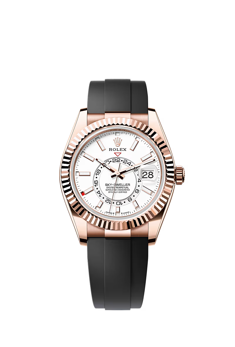 ROLEX Sky-Dweller White Dial Everose Gold Oysterflex Watch 336235